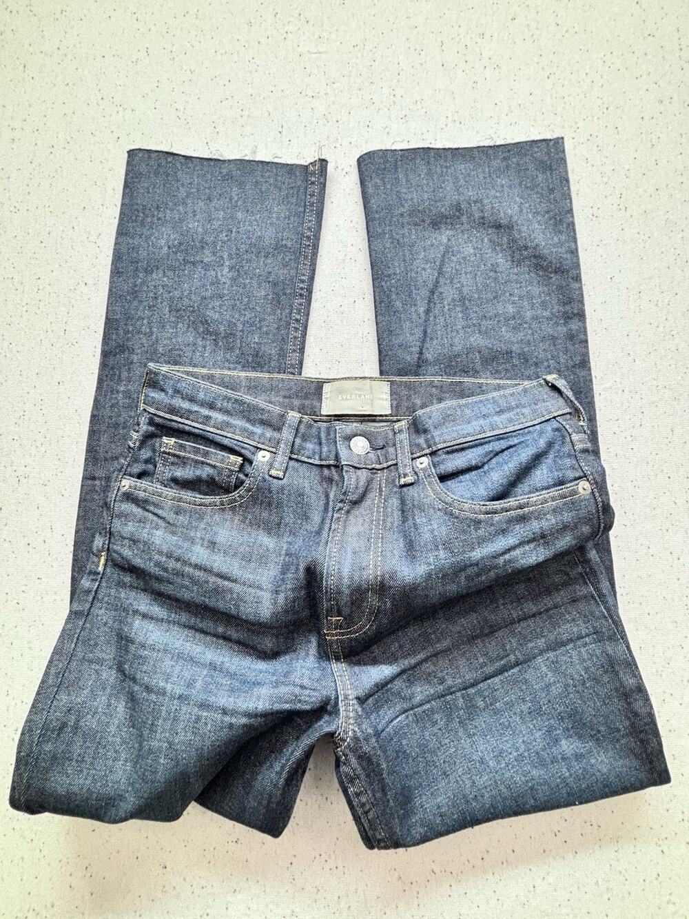 NWOT Everlane High Rise Kick Flare Jeans 27 Regular Medium Wash Blue Raw Hem